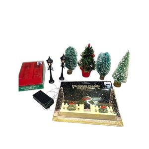 Vintage Christmas Village Figures & Accessories Trees Street Lamps Lot Of 6